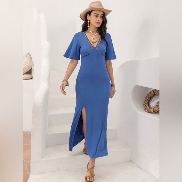 Slit Openwork V-Neck Half Sleeve Dress - Picture 3 of 8